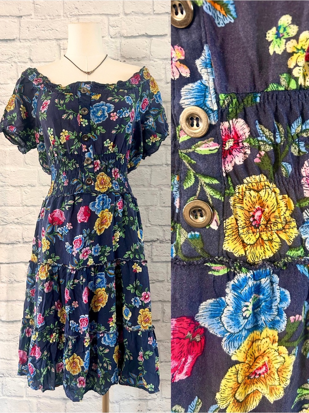 Lapis 100% Rayon Dress Navy Floral On Off Shoulder Tiered Smocked Waist Peasant